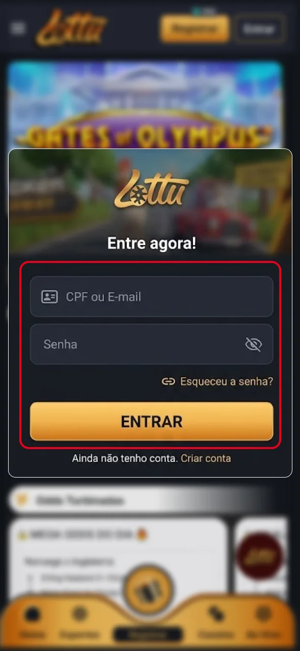 Abra o app do cassino Lottu e crie sua conta para começar a jogar.
