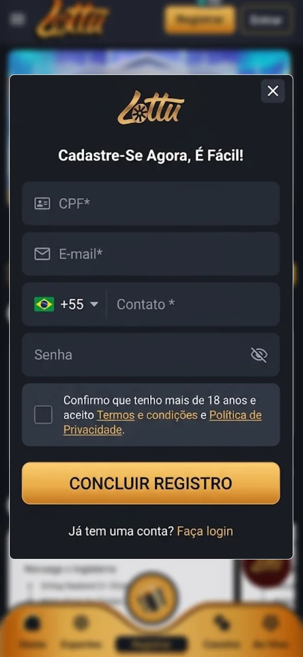 Cadastre-se no cassino Lottu e acesse todos os recursos da plataforma.