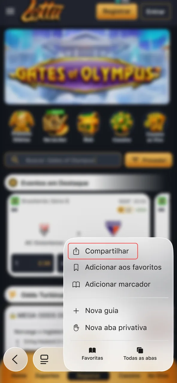 Clique em compartilhar no Safari e instale o atalho do cassino Lottu.