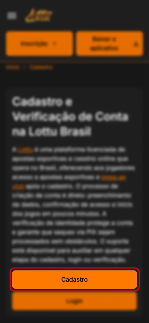 Clique no botão e abra o formulário de cadastro do cassino Lottu.