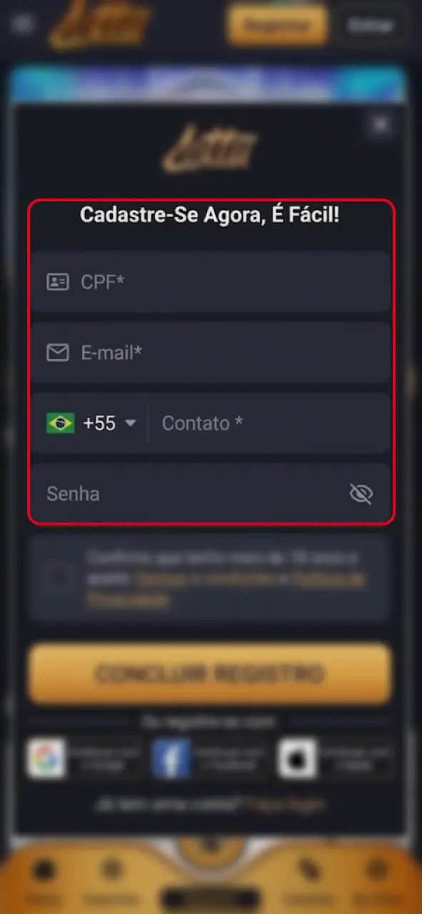 Preencha seus dados pessoais no cassino Lottu e crie uma senha segura.