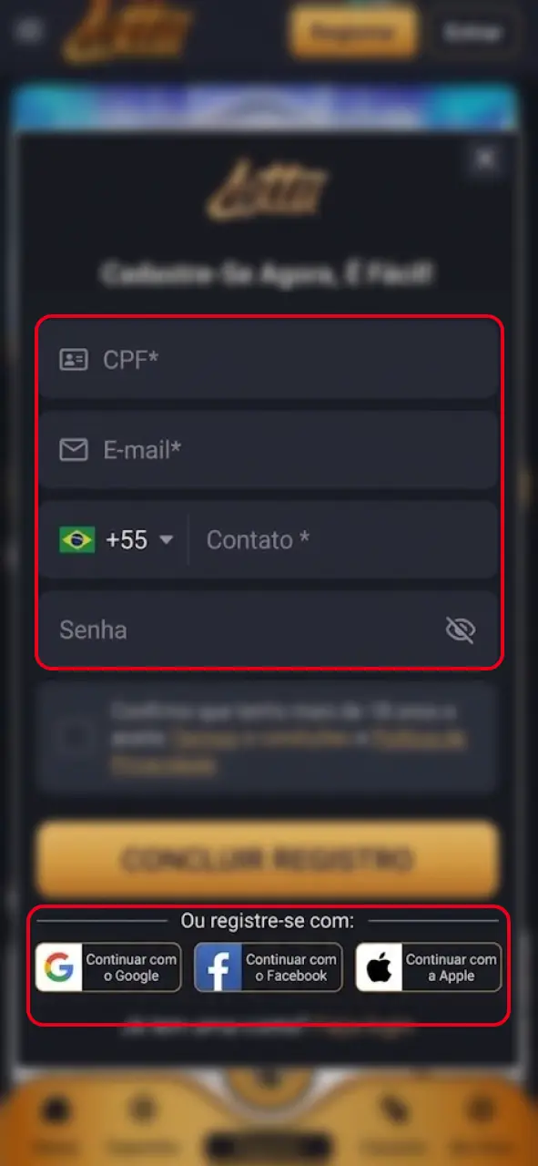 Escolha o método de registro no cassino Lottu e crie sua conta agora.