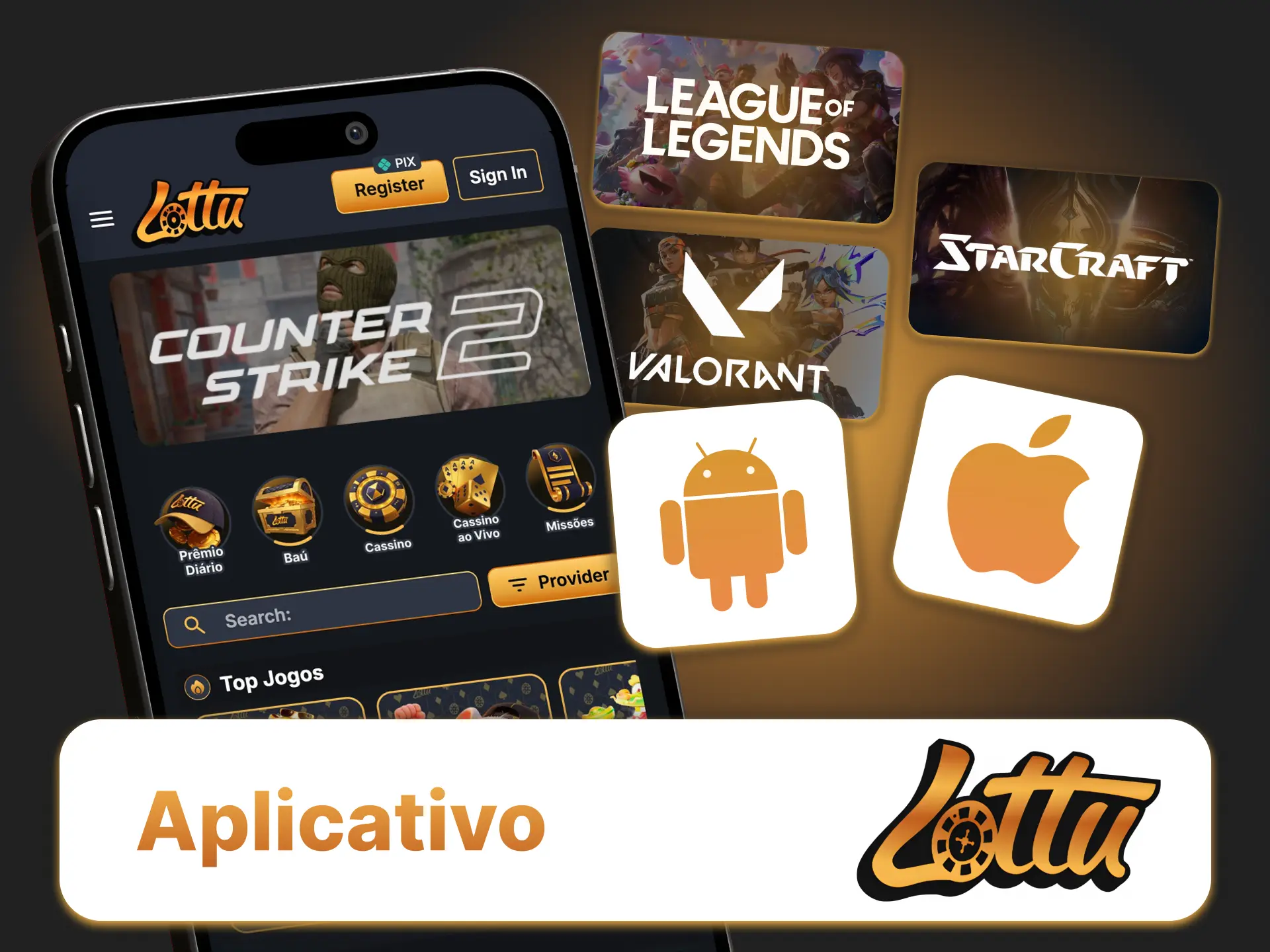 Baixe o app do cassino Lottu e aposte em eSports direto pelo celular.