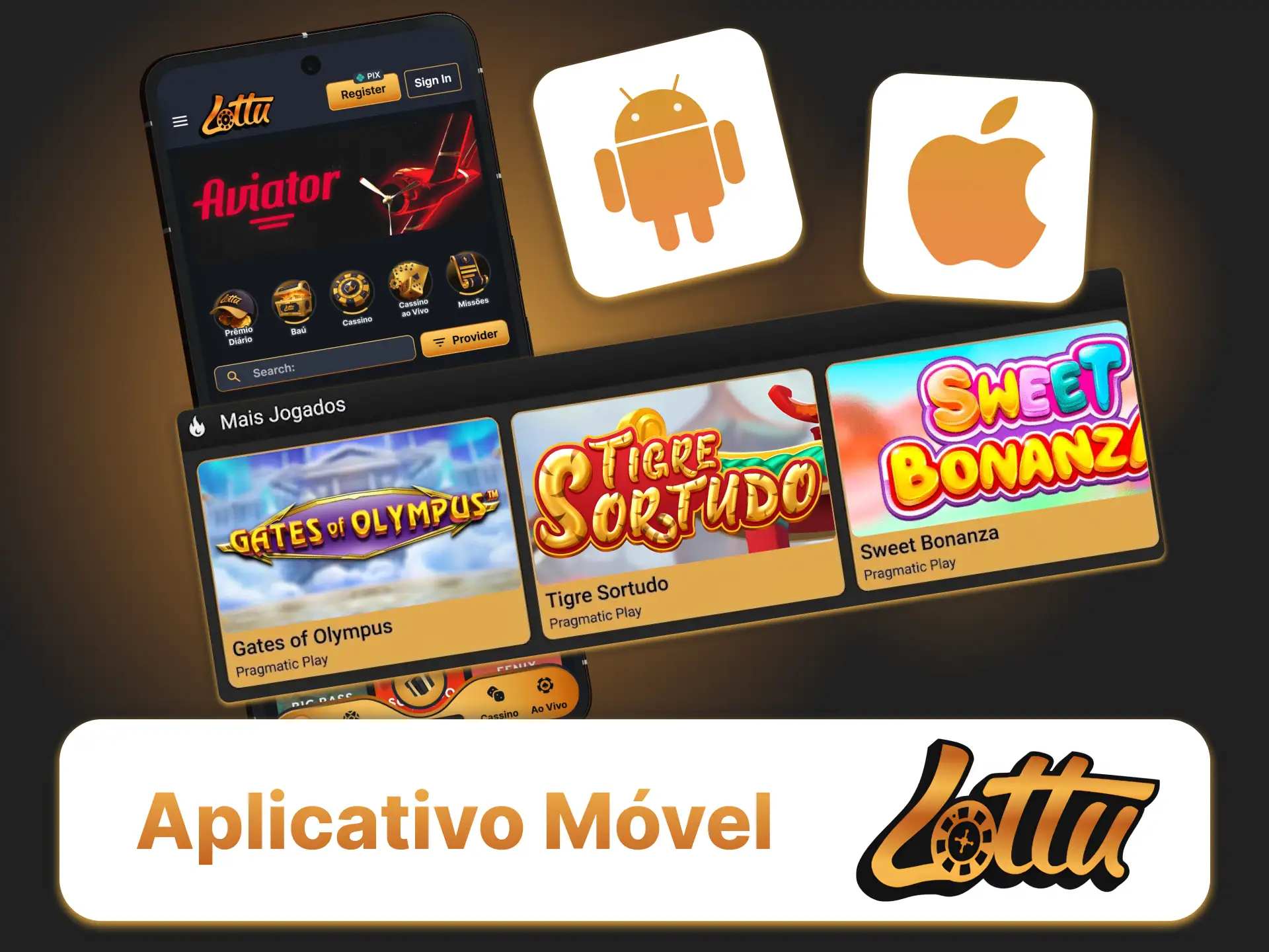 Acesse o app do cassino Lottu no celular para jogar slots e realizar saques via PIX.